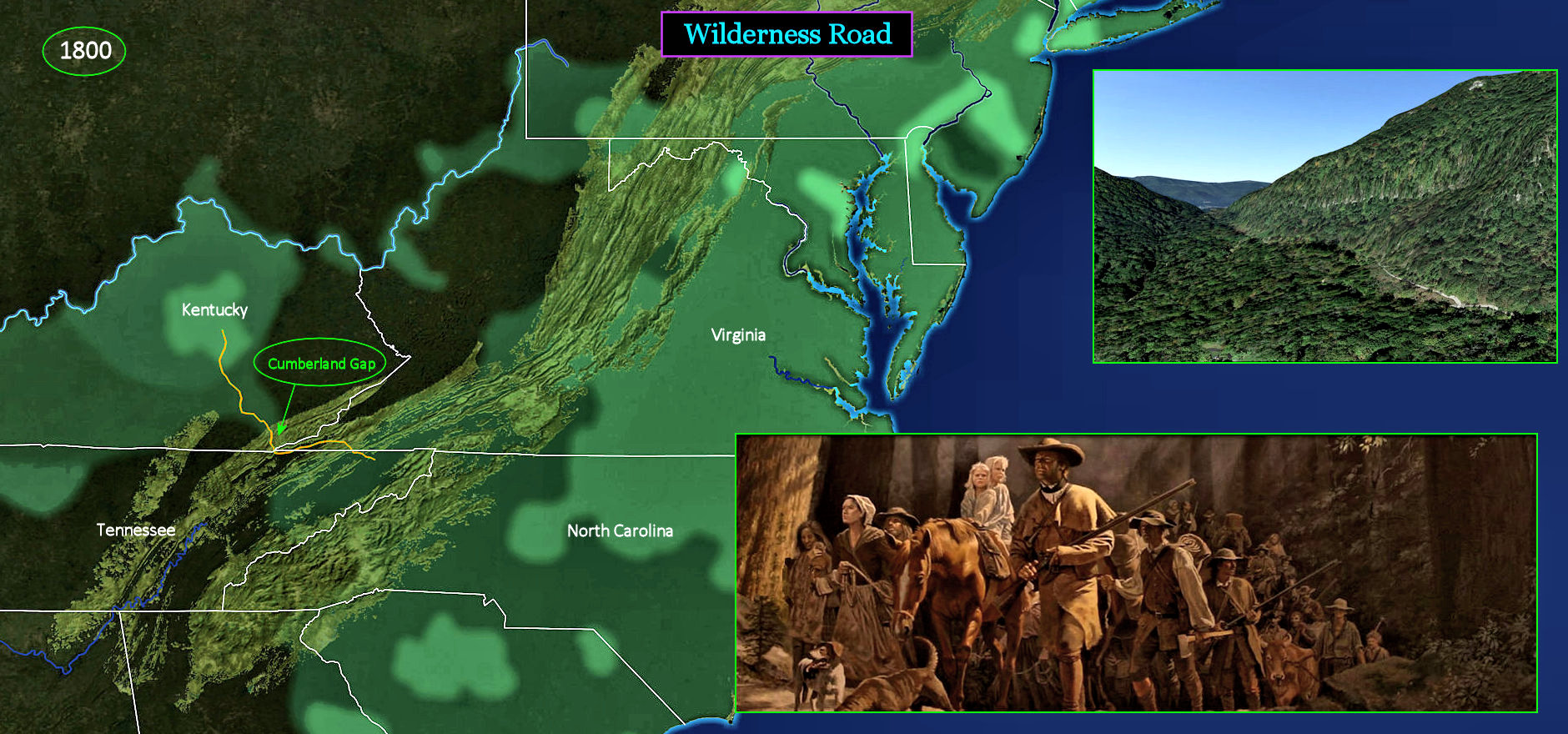 Wilderness Road, Daniel Boone, 1800 map